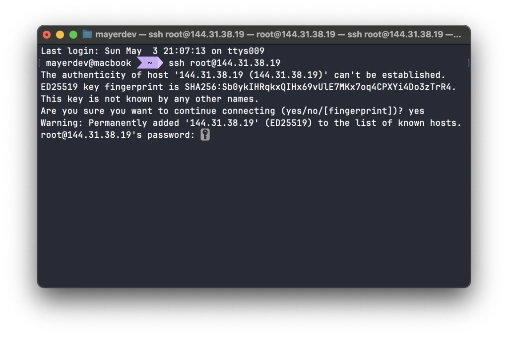 Terminal with a successful SSH login to the server