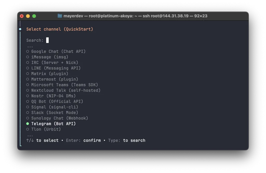 Selecting Telegram Bot API as the messaging channel