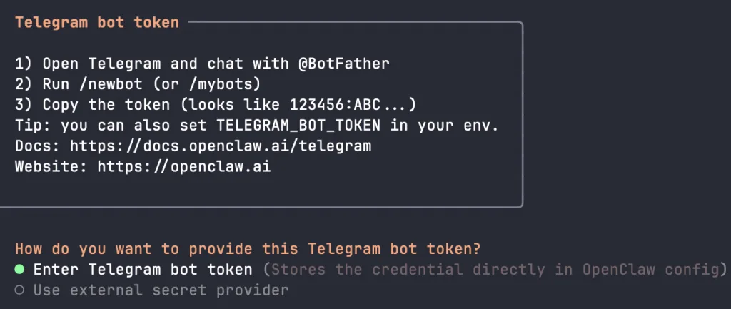 Entering the Telegram bot token from BotFather