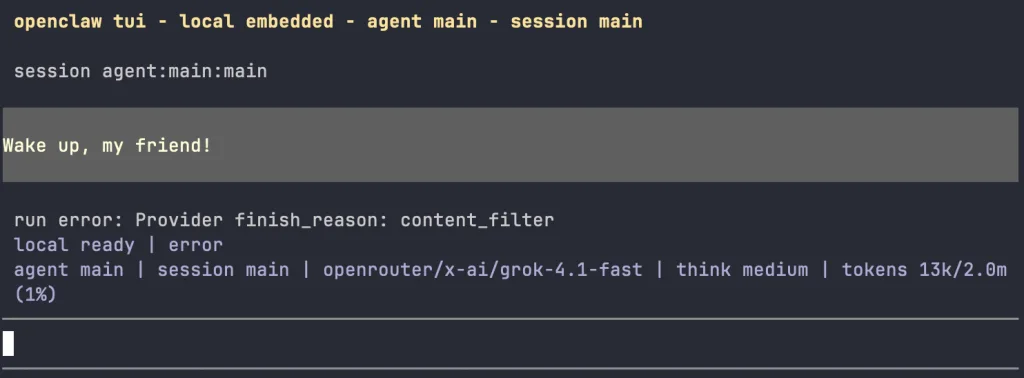 OpenClaw terminal interface after onboarding