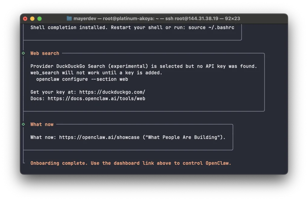 Onboarding completed in the terminal