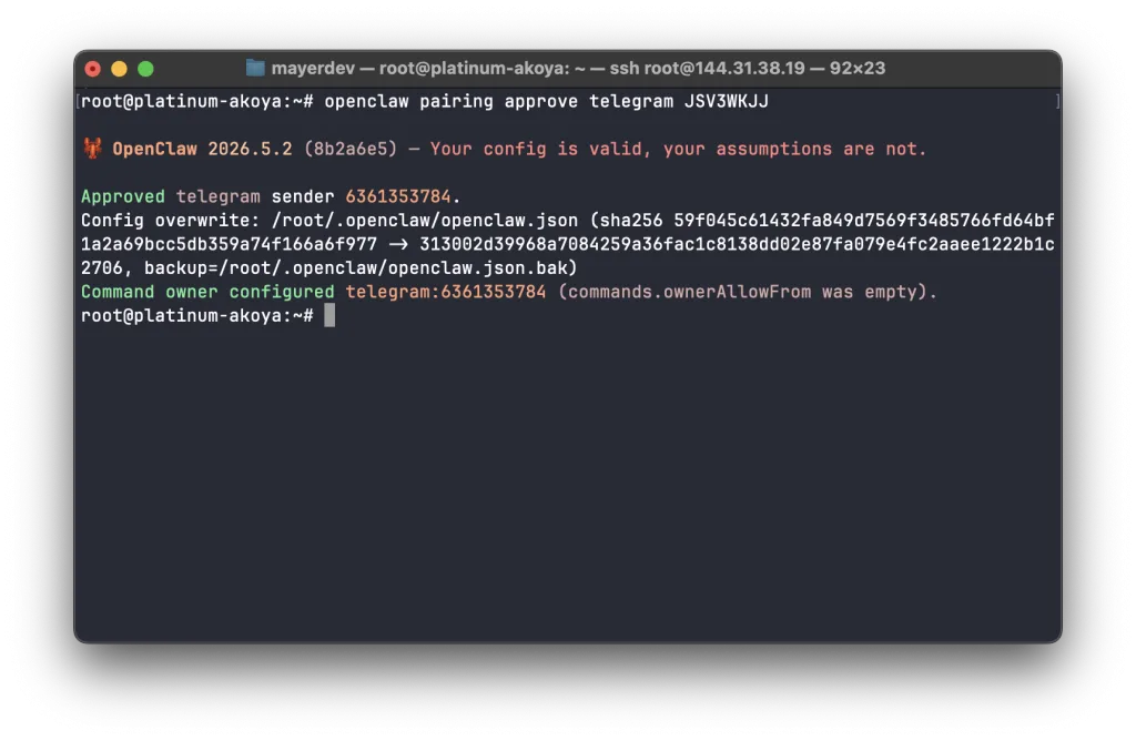 Running the pairing command on the server