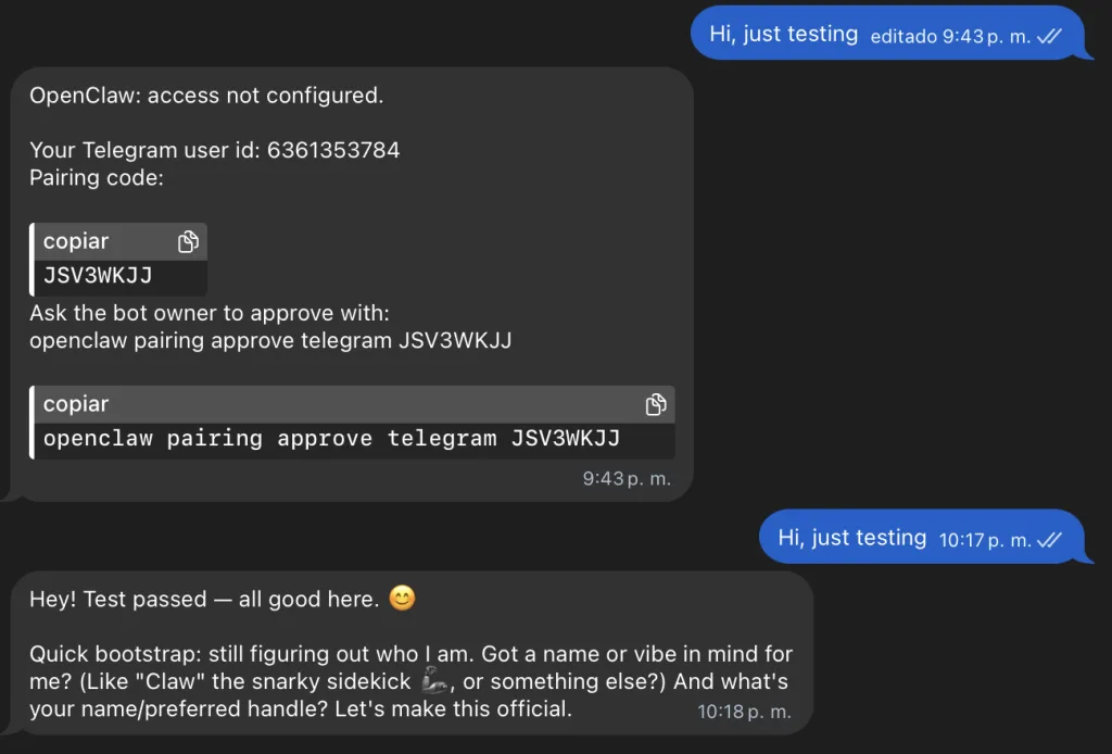 OpenClaw bot replying in Telegram